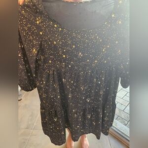 Navy blue dress with metallic gold stars, puff style sleeves